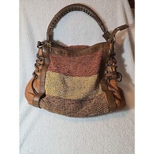 Olivia Harris Leather Purse Woven Boho Artisan Earthy Brown Yellow Shoulder Bag